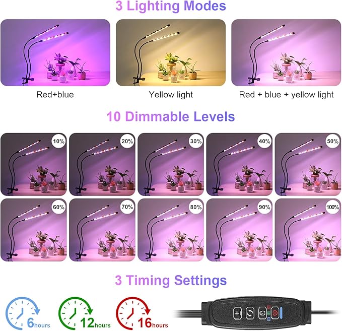 Black 2-Tube Clip-On Grow Light with Red/Blue/Yellow LEDs, Full Spectrum, 6/12/16H Timer, 3 Modes & 10 Dimmable Levels, for Indoor Plants (8W) (2 Pack)
