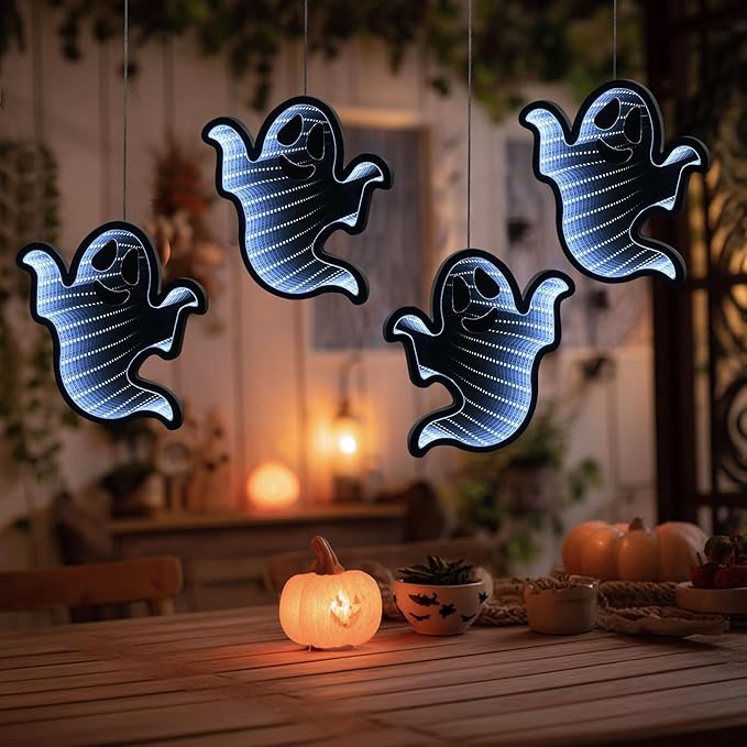 Halloween Décor 4 Ghosts Infinity Lights with USB Powered, 10.42FT 3D Infinity Mirror String Lights, Halloween Indoor Decorations for Window Outdoor Wall Party Room