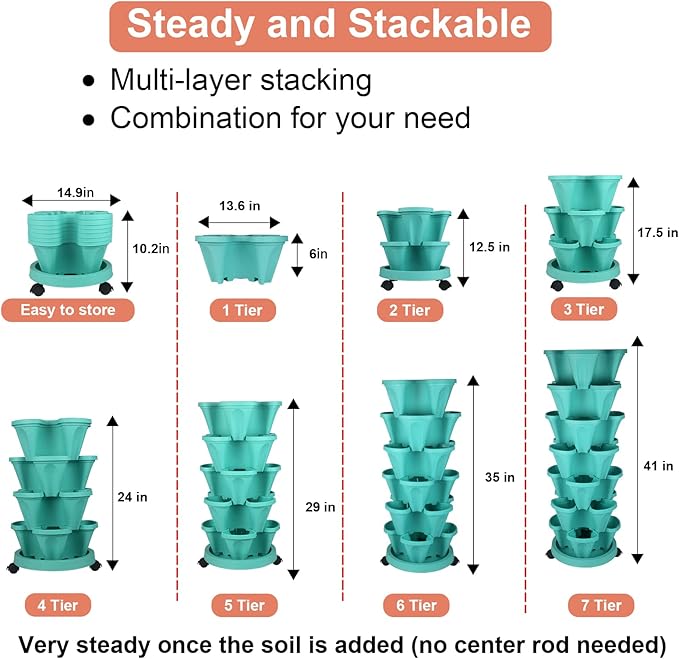 Vertical Planter 7 Tier Stackable Planters Garden Planters Strawberry Herb Flower and Vegetable Planter Indoor Outdoor Gardening Pots with Removable Wheels and Tools