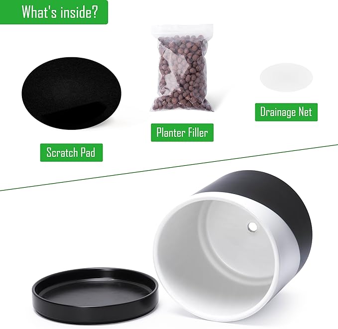 D'vine Dev 8.2 Inch Ceramic Planter Pot with Drainage Hole and Saucer, Indoor Cylinder Round Planter Pot, Oblique Monochrome Black and White, 94-O-D-K