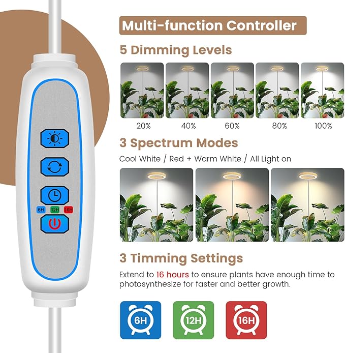 Grow Lights for Indoor Plants, Full Spectrum Plant Lights for Indoor Growing with 6/12/16H Timer, 3 Color Modes, 5 Brightness, 10"-65" Height Adjustable Wood Grain Plant Growing Lamp