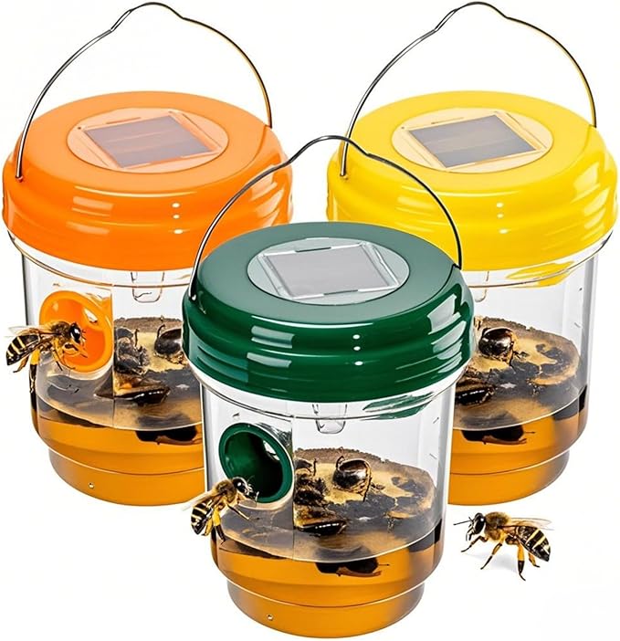 3 Pack Wasp Traps Outdoor Hanging, Solar Bee Trap for Outside with LED Light, Wasp Repellent, Bee Killer, Hornet Deterrent, Yellow Jacket Catcher, Reusable for Garden, Orchard, Indoor