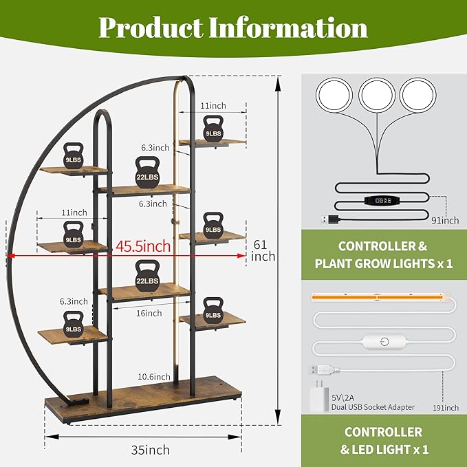Big Plant Stand Indoor with Grow Lights and LED Light, 61”Tall Metal Plant Shelf Flower Stand for Multiple Plants, 9 Tier Moon-Shaped Plant Rack Large Display Plant Holder for Living Room Balcony