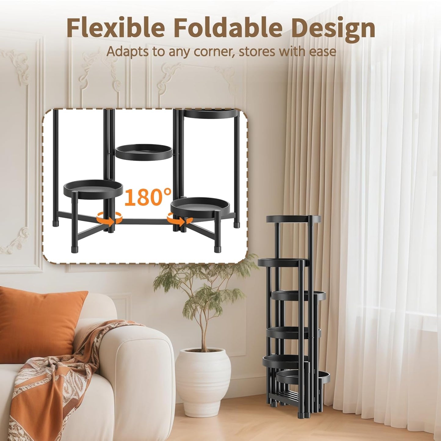 LASZOLA 6 Tiered Folding Plant Stand Indoor for Multiple Large Planter, Tall Heavy Duty Adjustable Rack with Rust Proof 10 Inch Wide Tray, Sturdy Vertical Tree Organizer for Narrow Inside Floor, Black