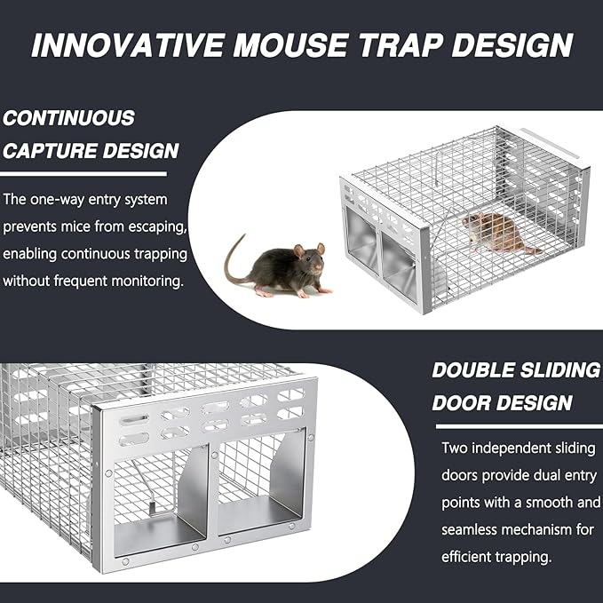 Rat Trap, Humane Live Rat Trap & Automatic Reset Mouse Traps with Dual One-Way Door Design – Catch and Release for Mice, Chipmunks, Hamsters, and Other Rodents, Indoors & Outdoors(Silver)