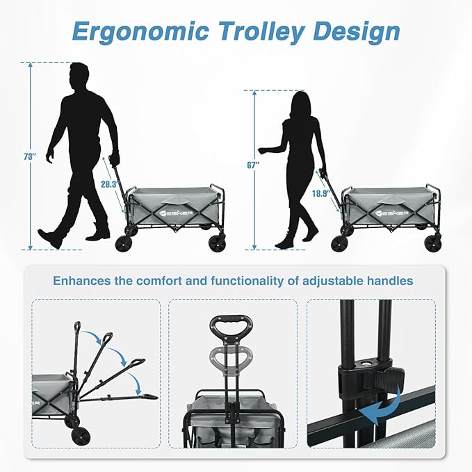 Yesker Foldable Wagon - 220lbs Collapsible Garden Carts with All Terrain Wheels for Outdoor Camping Sports Shopping Gardening - Heavy Duty Portable Utility Trolley (Gray)