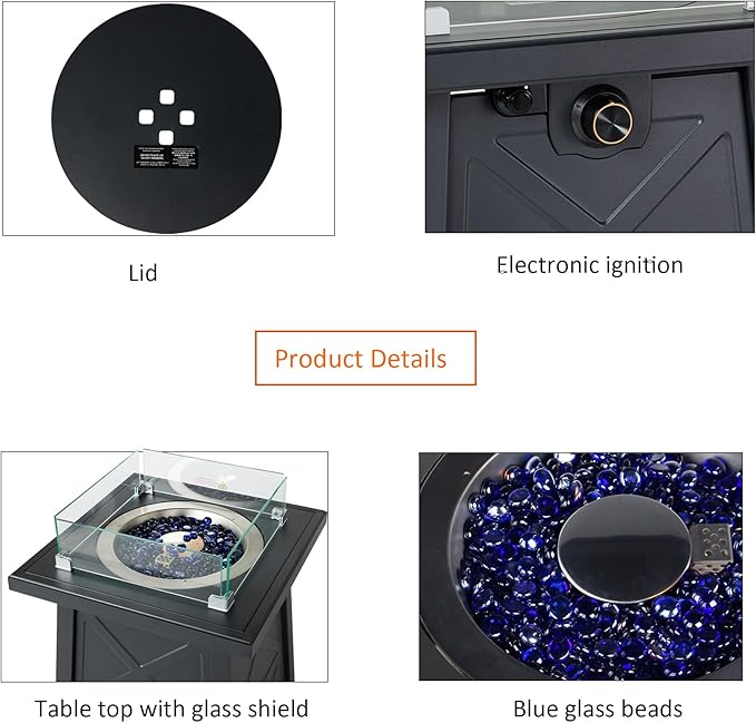 19.5 Inch Steel Fire Table, 40,000 BTU Outdoor Gas Fire Pit, Modern Pattern Patio Column Propane Fire Pit w/Glass Rocks, Cover, Lid, Glass Wind Guard