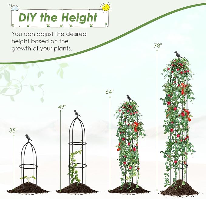 Happygrill Garden Trellis for Climbing Plants, 78” Tall Metal Obelisk Trellis w/Adjustable Height, Gloves, Cable Ties, 2 in 1 Plant Cages & Supports for Flowers, Vegetables, Vines Indoor Outdoor