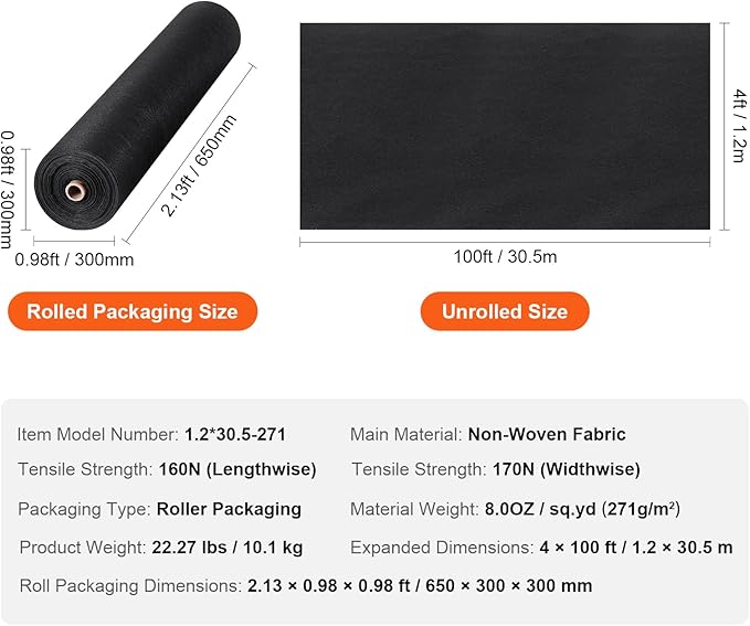 VEVOR Geotextile Landscape, 4ft x 100ft 8 oz Non-Woven PP Drainage 350N Tensile Strength & 440 N Load Capacity, for Ground Cover, Garden Fabric, French Drains, Black