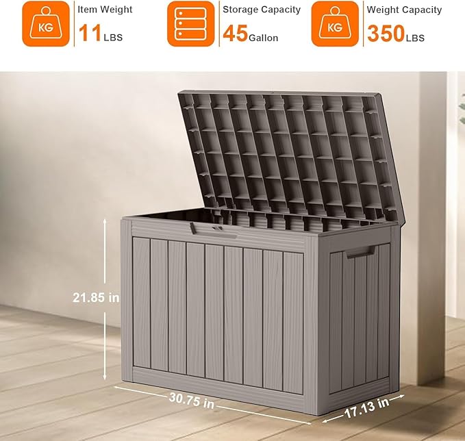 45 Gallon Large Deck Box,Resin Outdoor Storage Box with Lockable for Patio Furniture, Pool Accessories, Garden Tools Waterproof Outside Storage Box, Grey