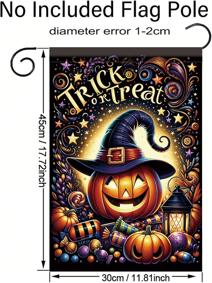 12 x 18 Inch Halloween Garden Flag Outdoor Pumpkin Witch Hat Trick or Treat Yard Decoration Double Sided Autumn Holiday Seasonal Banner for Lawn Patio Party Candy Lantern Fall Theme