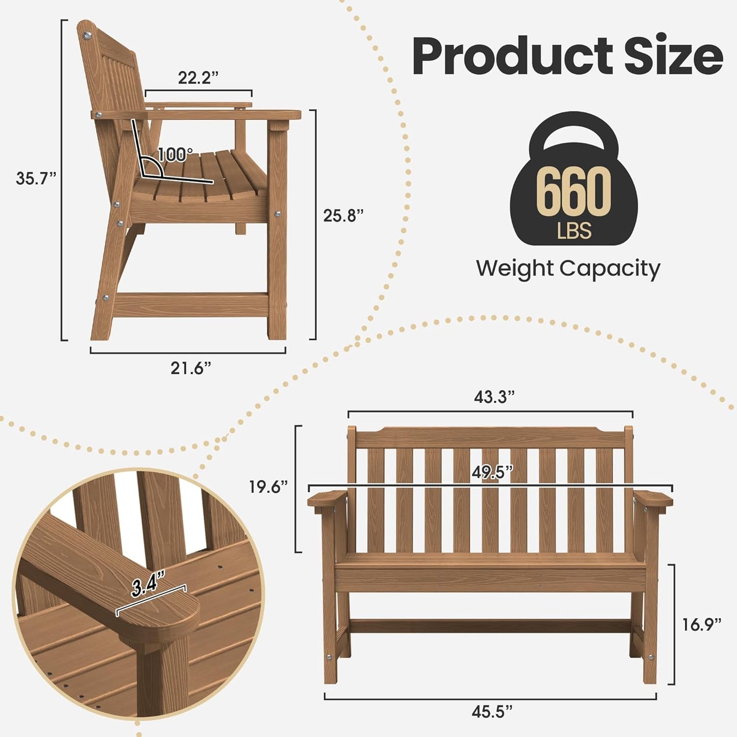 Ciokea 46" Heavy Duty Outdoor Bench Set of 2, HDPE Weatherproof Garden Bench, 2-Person Memorial Benches with 660 Lbs, Waterproof Patio Porch Benches for Outside Business Deck Office Backyard, Teak