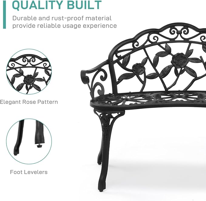 VINGLI 38.5" Patio Park Garden Outdoor Metal Rose Bench,Cast Iron Cast Aluminium Frame Antique Finish Chair,Accented Lawn Front Porch Path Yard Decor Deck Furniture for 2 Person Seat（Black