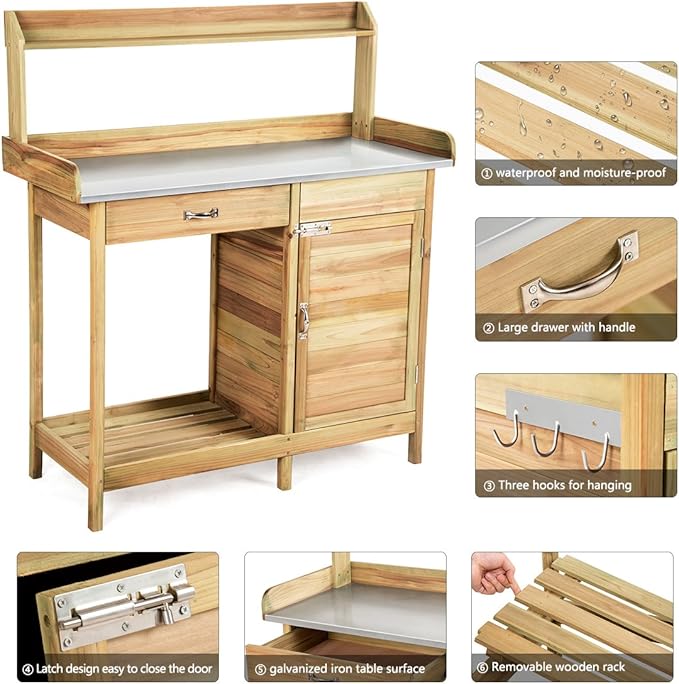 Giantex Potting Bench Table for Outside Natural Wood Garden Plant Lawn Patio Table Storage Shelf Metal Tabletop Outdoor Workstation Flower Pot Bench (Natural Fir w/Cabinet)
