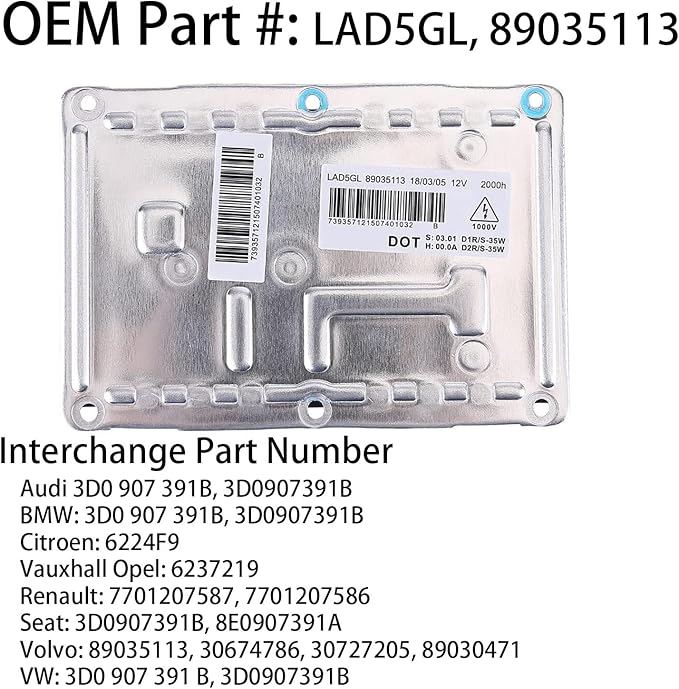 O-NEX Xenon D1S 35W HID Headlight Ballast 89035113 LAD5GL 4-PIN Factory OEM Direct Replacement Control Unit Module Fits for Cadillac CTS SRX for Volvo S60 V70