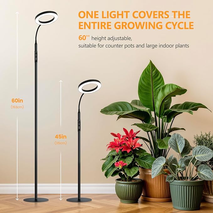 20W Indoor Plant Grow Light with Embedded Controller, Red Blue Warm Full Spectrum 95 LED Bulbs, Adjustable Height,Auto Timer,Dimmable Halo Growing Stand Lmap for Tall Large Small Plant Growth