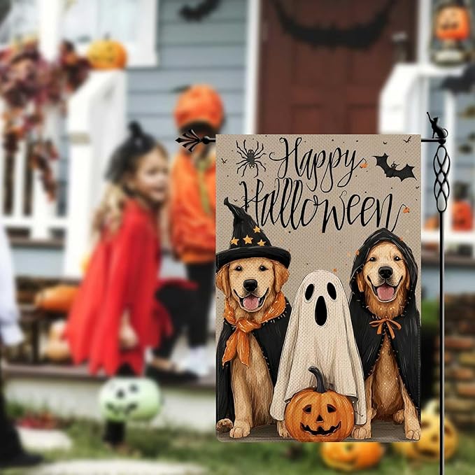 Happy Halloween Garden Flag Cute Puppy & Ghost Garden Flag Vertical Double Sided Rustic Farmland Burlap Yard Lawn Outdoor Decor 12.5x18"