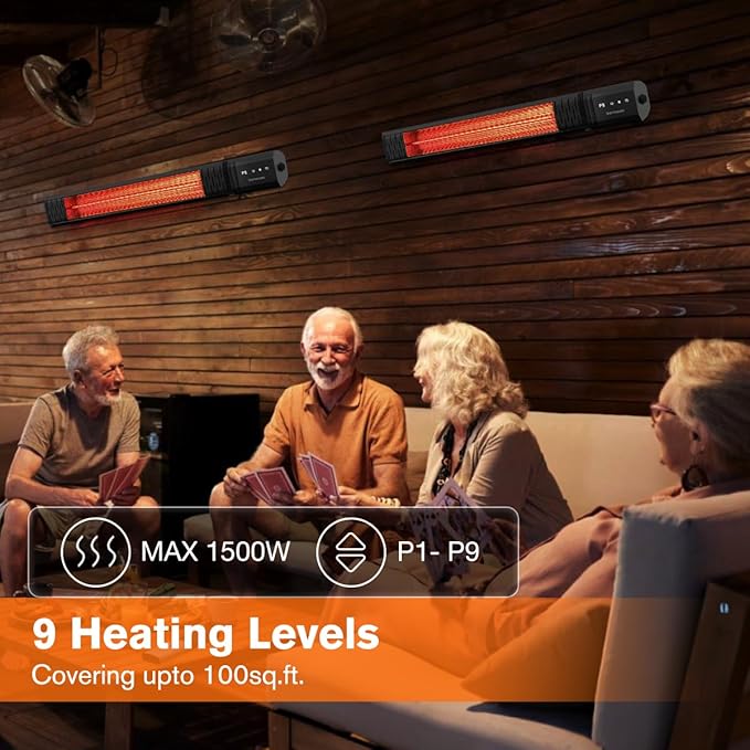 Small Outdoor Heater for Patio, thermomate 1500W IP65 Electric Infrared Heater with Low Glare Schott Glass, 9 Heating Levels & 24H Timer, Plug-in 120V Black