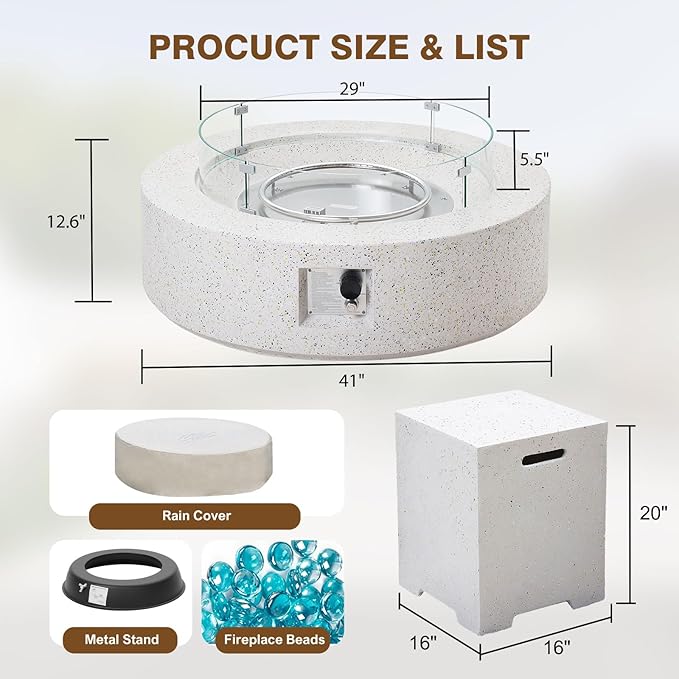3-Piece Outdoor Propane Fire Pit Table Set – Premium Terrazzo-Like MgO Finish, Round Gas Fire Table with Tank Table & Glass Wind Guard for Patio, Garden & Backyard, Includes Rain Cover & Glass Beads