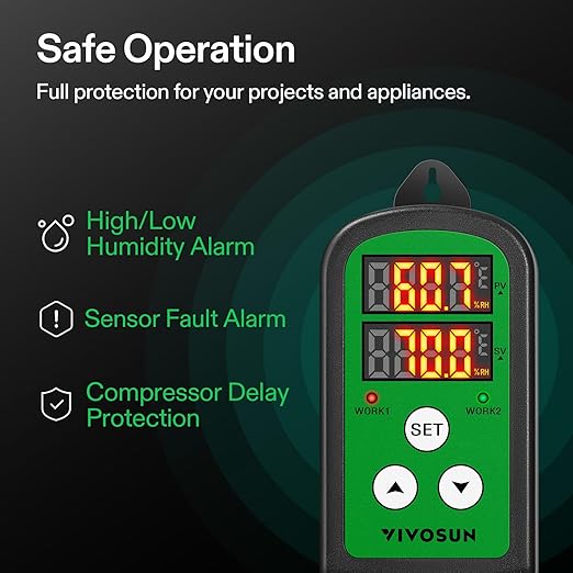 VIVOSUN Humidity Controller, 1200W Dual-Stage Outlet, Pre-Wired Digital Humidistat with Dual LED Displays for Humidifier/Dehumidifier/Fan, Ideal for Greenhouse, Grow Tent, Home-Brewing, Mushroom