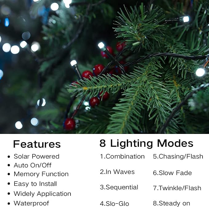 Joomer Solar Christmas Lights 72ft 200 LED 8 Modes Solar String Lights Waterproof Solar Fairy Lights for Christmas Decorations (White)