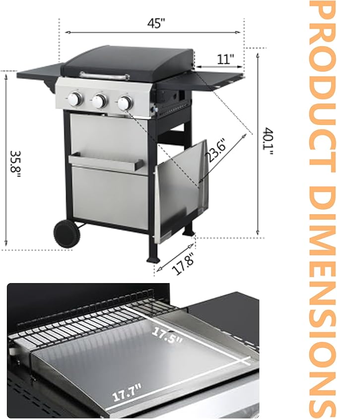 3-Burner Propane Gas BBQ Grill with Plate, 36900 BTU 2 in 1 Propane Griddle Grill Combo with 2 Foldable Side Table for Outdoor Cooking Camping Patio Backyard (3 burner +griddle)