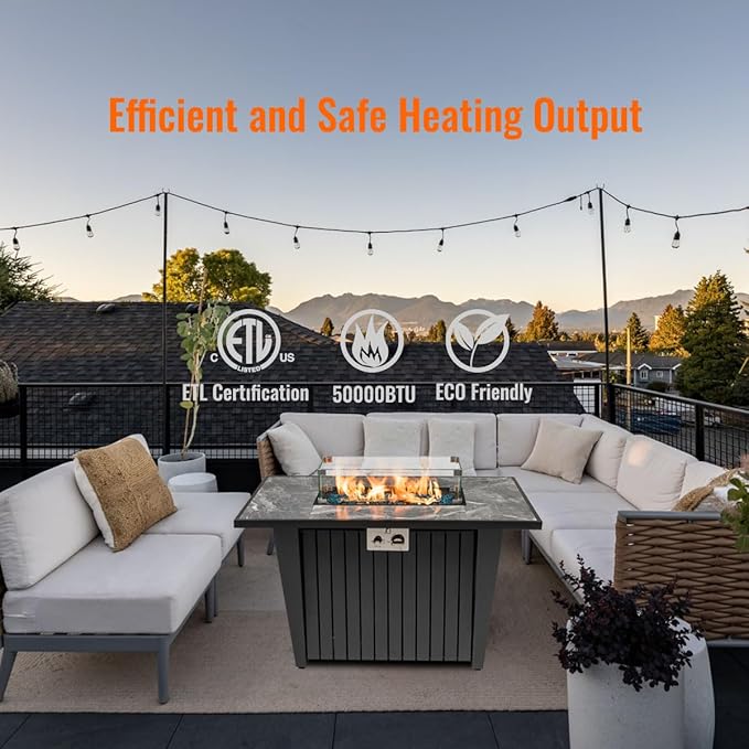 42'' Propane Fire Pit Table, Marble Tile Ceramic Tabletop with Glass Wind Guard, 50,000 BTU Fire Table, Inclined Leg and Art Powder Design, Blue Glass Rocks, Including Lid&Cover