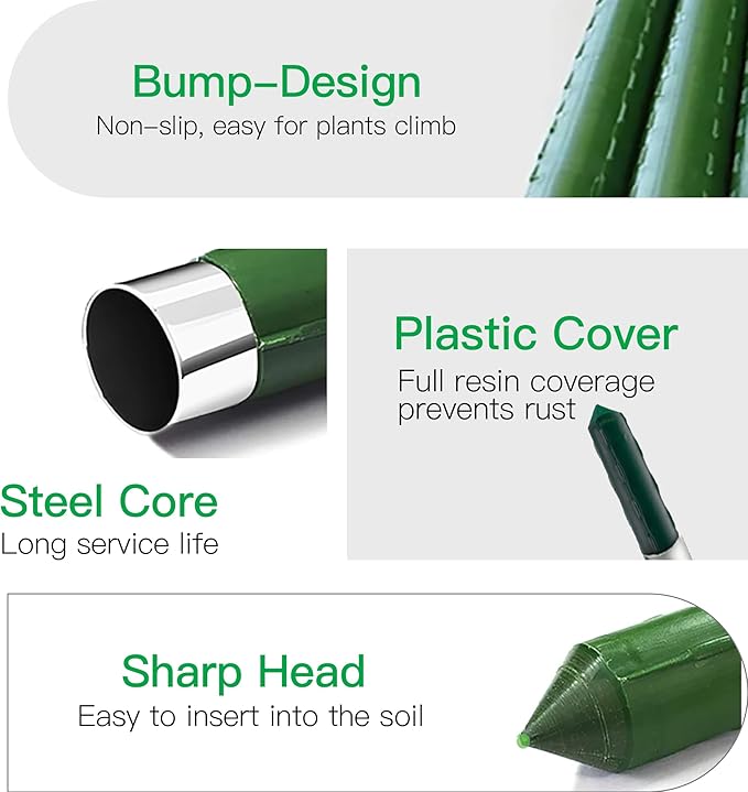 Garden Stakes 6ft, 6Feet Metal Plant Stakes 25 Pack for Gardening and Farm, 72" Plastic Coated Plant Support for Tomato, Cucumber, Bean, Flower, Potted and More Climbing Plants