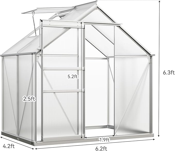 YITAHOME 10x12FT Polycarbonate Greenhouse for Outdoors, Large Heavy Duty Aluminum Greenhouses with Sliding Doors and Vent Window, Walk-in Greenhouse for Garden Backyard, Simple Setup, Silver