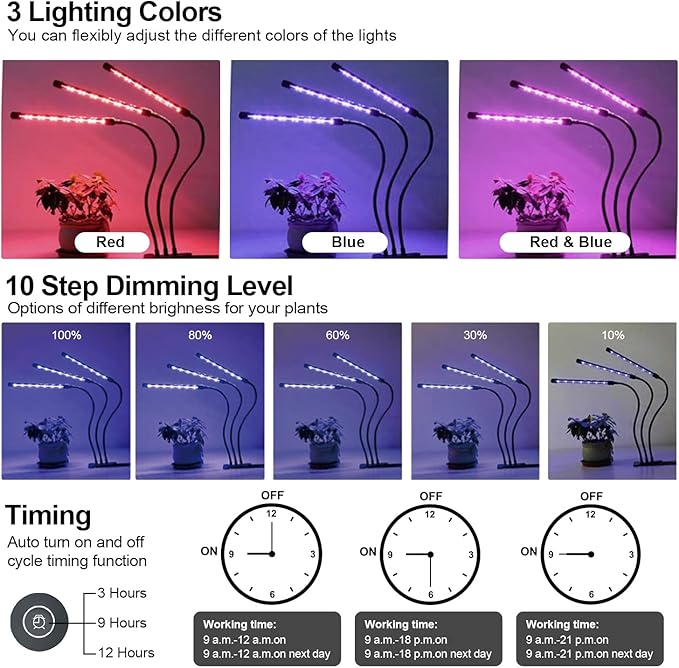 bseah Grow Light Plant Lights for Indoor Plants, Clip-On Full Spectrum Plant Grow Lights, Auto ON & Off Timer 3/9/12H, Dimmable Brightness & 3 Light Modes