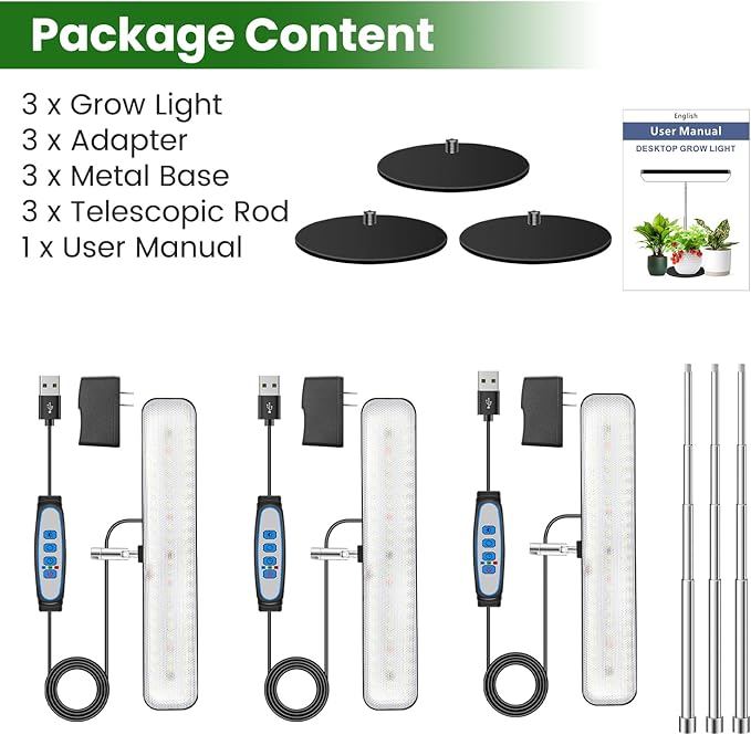 Plant Lights for Indoor Growing, Full Spectrum Grow Light 3 Pack with Base, 26 Inch Height Adjustable LED Grow Lamp with 6/12/16H Timer, 5 Dimming Levels, Ideal for Seeds Starting