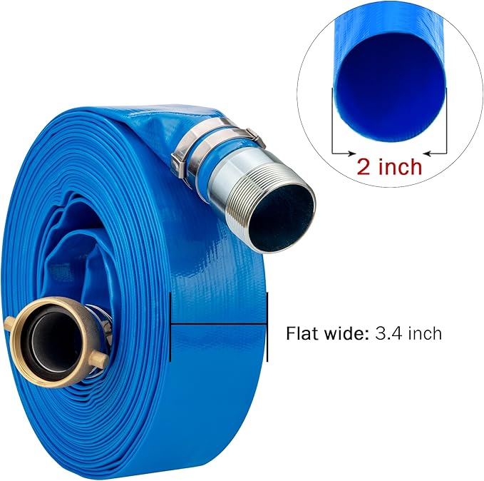 DAVCO 2" ID x 100 ft Pool Backwash Hose, Heavy Duty Reinforced Blue PVC Lay Flat Water Discharge Pump Hoses For Swimming Drain Pools and Clean Filters, with Brass NPT Pin Lug and KC Nipple Fittings