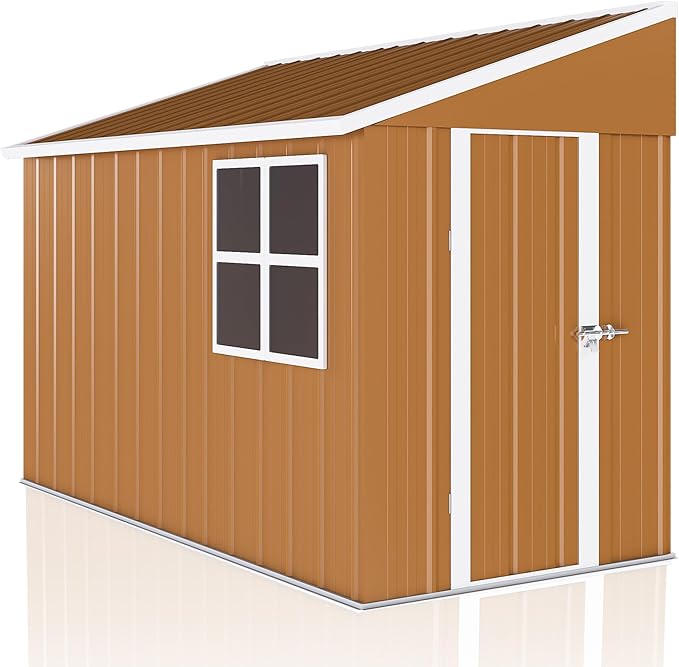 Outdoor Tool Shed 4x8 FT Heavy-Duty Metal Storage Shed with Hinged Door, Windows & Ventilation - Weather-Resistant Roof Garden Shed for Backyard, Patio, Lawn (Brown)
