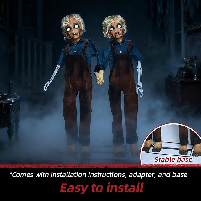 HOYECHI Animatronic Halloween Decorations Twin Boys 4.3ft – Scary Halloween Decorations for Yard, Motion & Sound Activated Outdoor Decor, Footstep & Touch Trigger