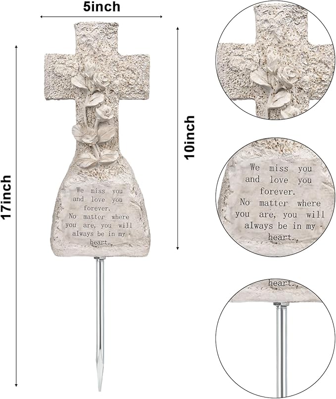 bocola Elegant Memorial Resin Cross with 3D Roses - Honor Your Loved Ones with Grace and Beauty Suitable for Cemetery Grave Indoor Memorial Decoration