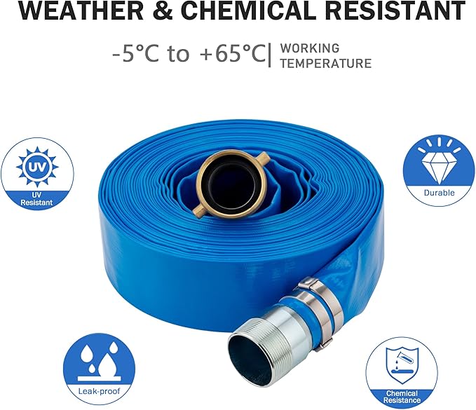 DAVCO 1.25" ID x 50 ft Pool Backwash Hose, Heavy Duty Reinforced Blue PVC Lay Flat Water Discharge Pump Hoses For Swimming Drain Pools and Clean Filters, with Brass NPT Pin Lug and KC Nipple Fittings