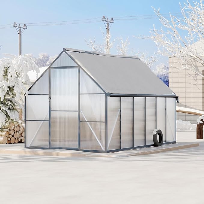 Greenhouse 8x14 FT Aluminum-Framed Heavy Duty Polycarbonate with Quick Setup Structure and Roof Vent Large Enhanced Outdoors Green House Kit