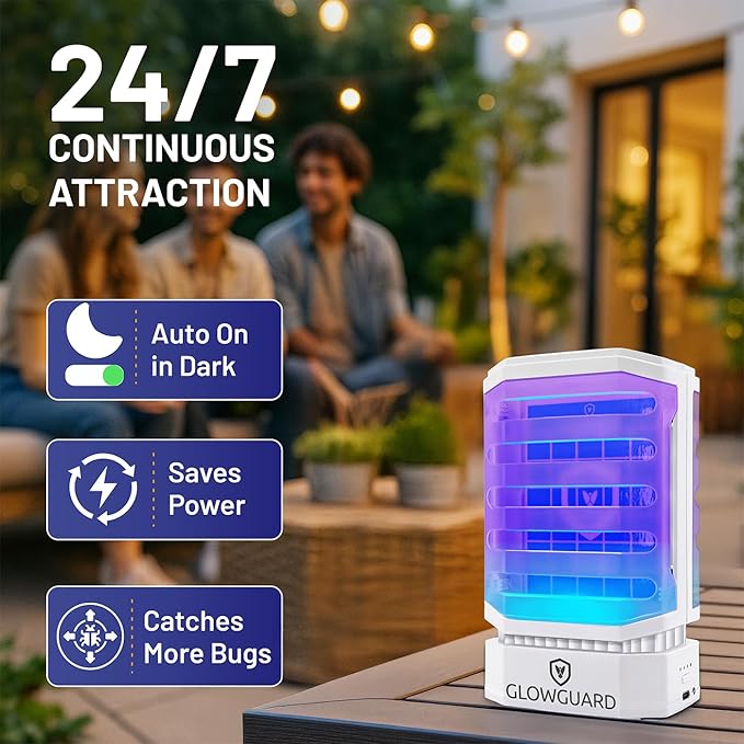 GlowGuard Cordless Flying Insect Trap Catches Fruit Flies, Indoor Gnat Killer, Magnet for Moths & Mosquitos in Dark, 1 Rechargeable Bug Trap + 4 Dual-Sided Sticky Pad Refills, 30hr Battery (White)