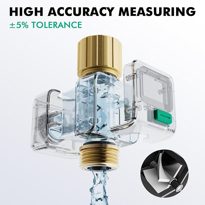 RESTMO Water Flow Meter with Brass Inlet & Outlet, Measure Gallon/Liter Consumption and Flow Rate for Outdoor Garden Hose Watering, RV Water Tank Filling, Lawn Sprinkler and Nozzle Sprayer