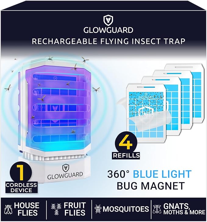 GlowGuard Cordless Flying Insect Trap Catches Fruit Flies, Indoor Gnat Killer, Magnet for Moths & Mosquitos in Dark, 1 Rechargeable Bug Trap + 4 Dual-Sided Sticky Pad Refills, 30hr Battery (White)