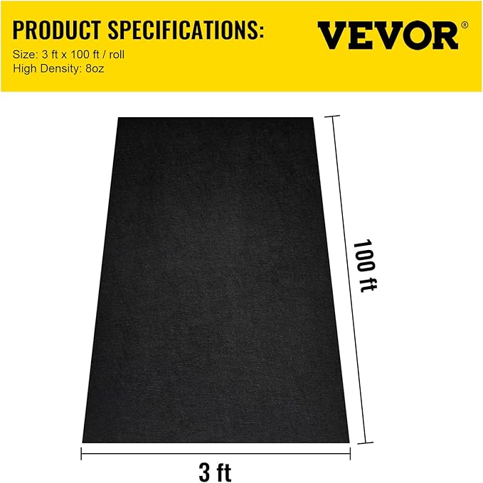 VEVOR Geotextile Landscape Fabric, 3ft x 100ft 4 oz, Non-Woven PP 350N Tensile Strength & 440 N Load Capacity, Drainage Ground Cover, Garden Weed Barrier, French Drains, Black