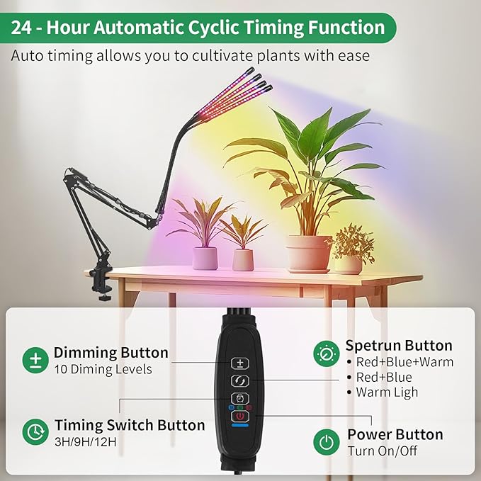 Grow Light for Indoor Plants, Full Spectrum Clip Plant Lamp for Indoor Plants, LED Growing Light with 4 Heads, Flexible Mount, 3/9/12H Timer, 10 Dimmable Level, 3 Spectral Modes
