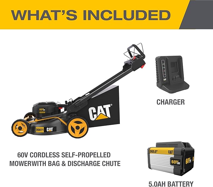 Cat DG671 60V 21” Self-Propelled Cordless Lawn Mower 3-In-1 Cutting Modes, Brushless Battery Lawn Mower with TorqLogic, Easy-Adapt Self-Propelled Lawn Mower – Battery & Charger Included