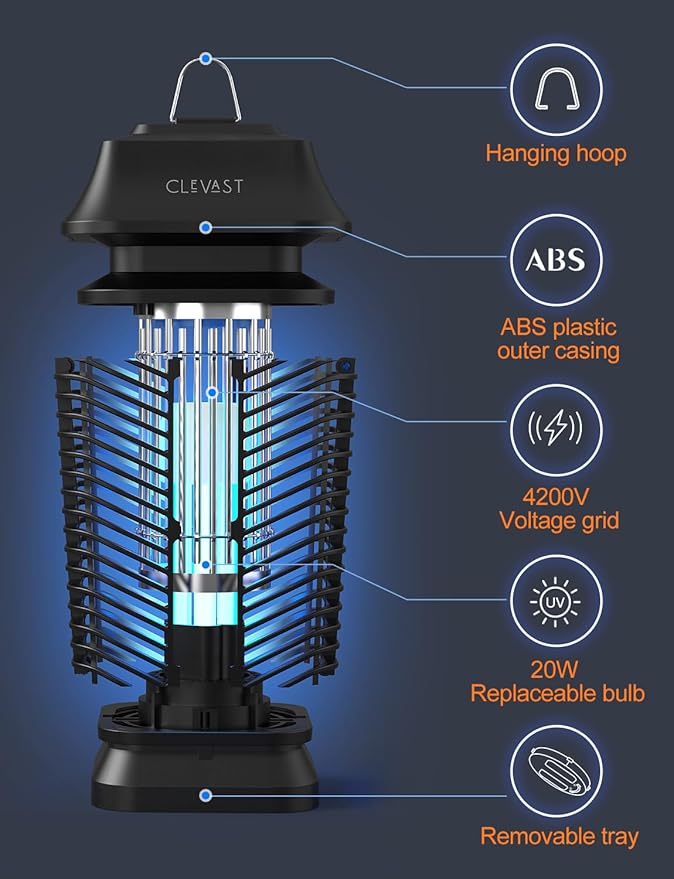 CLEVAST Bug Zapper Outdoor - Electric Mosquito Zapper Indoor, Fly Traps with UV Light, Waterproof Flying Killer 4200V Insects Lamp for Patio, Yard, Garden, Porch