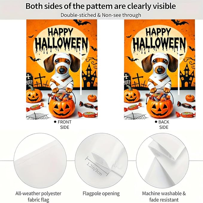 Halloween Garden Flag 11.81 x 17.72 Inch Dachshund Dog in Mummy Costume with Pumpkin Candy Bucket Full Moon and Bats Outdoor Yard Decoration for Holiday Party