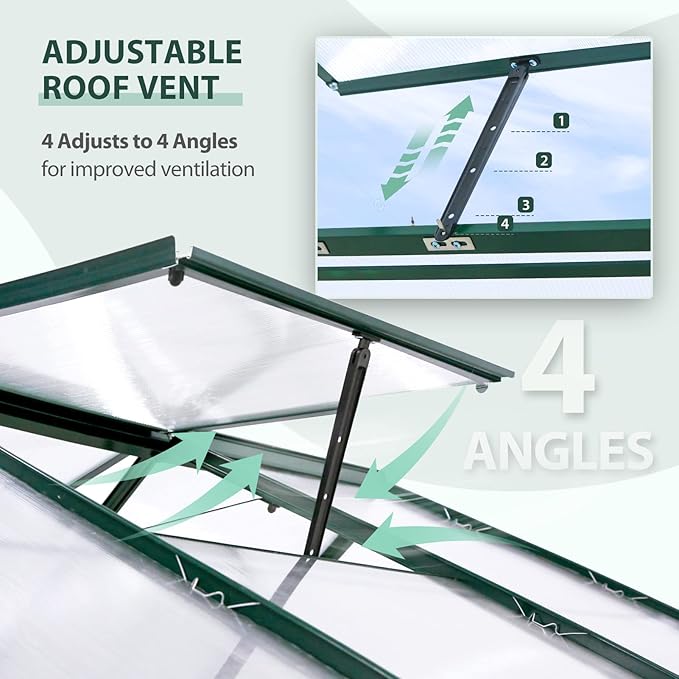EAGLE PEAK 6x6x7 Outdoor Walk-in Hobby Greenhouse with Adjustable Roof Vent, Rain Gutter, Base and Anchor, Polycarbonate Aluminum Green House for Backyard Garden, Dark Green