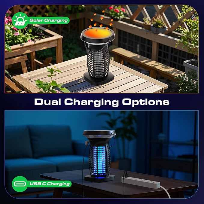 Solar Bug Zapper Outdoor, Mosquito Zapper Outdoor Waterproof Electric Fly Zapper Rechargeable Mosquito Killer with Solar Panel, 4200V Fly Trap Indoor for Home Backyard, Patio, Garden, Camping