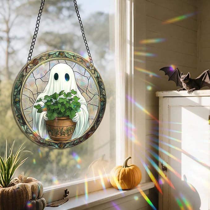 Halloween Sun Catcher - 8 Inch Round Suncatcher for Window Hanging Decoration - Creates Indoor Rainbows Light Refraction - Spooky Ghost, Witch, Pumpkin Design - Suction Cup Hook & Chain