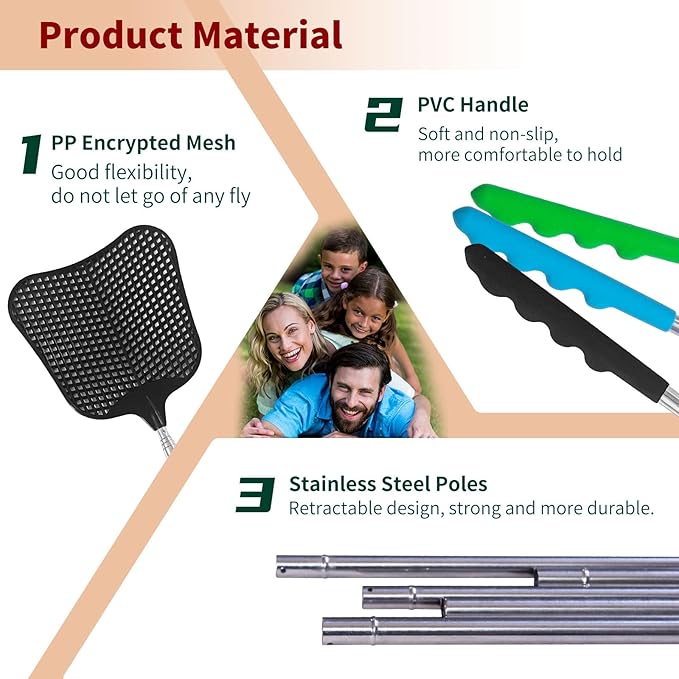 Fly Swatters 3 Pack, Durable Telescopic Stainless Steel Handle, Heavy Duty Bug Zapper Racket, Upgraded Plastic Fly Swatter Set for Indoor Outdoor Home Hiking Camping Garden, Blue Black Green