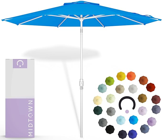 Midtown Umbrellas The Swilt 10 Feet Patio Umbrella in Terylast Cobalt (Blue) Polyester Fabric - Fiberglass Ribs, Auto-Tilt Aluminum Frame For Backyard, Deck, Garden, Pool - White Pole
